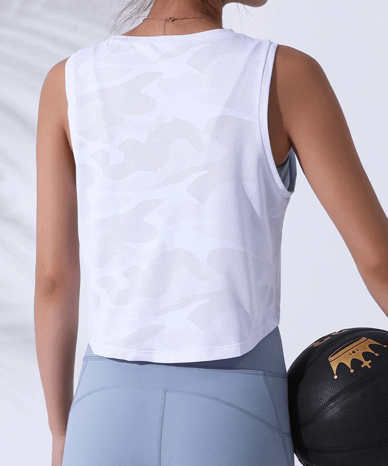 Back view of women's white camouflage running tank top, perfect for fitness and gym activities.